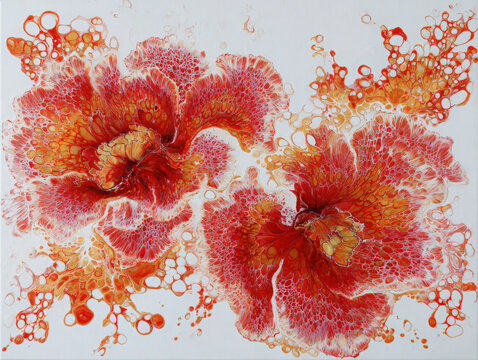 Two abstract floral shapes created with fluid acrylic pouring technique featuring intricate cells and lacing in red, orange, and yellow