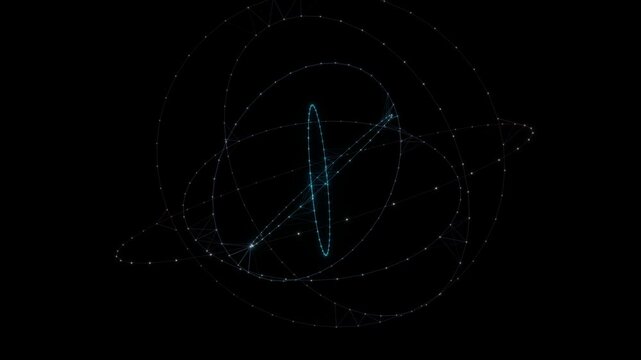 Plexus Orbits Nested Gyroscopic Rings of Glowing Cyan Network Nodes Spinning Like an Armillary Sphere Orrery Abstract 4K Motion Background for Sci-Fi Tech Intros