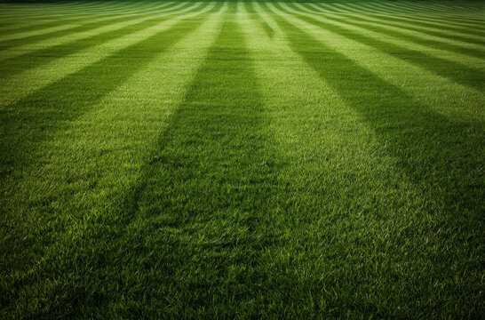 Vibrant green grass field with alternating light and dark stripes mowed in a pattern for a sports stadium or a large outdoor recreational area