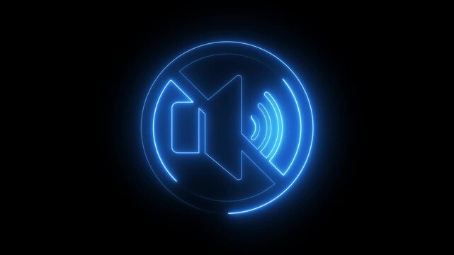 Blue neon mute speaker sign icon with volume waves and prohibition symbol on black background animation.