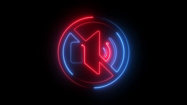 Red and blue neon mute speaker sign icon with volume waves and prohibition symbol black background animation.