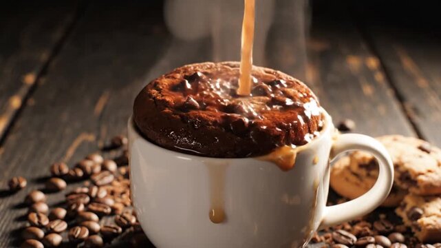Caramel sauce pouring on chocolate chip cookie in mug with coffee beans