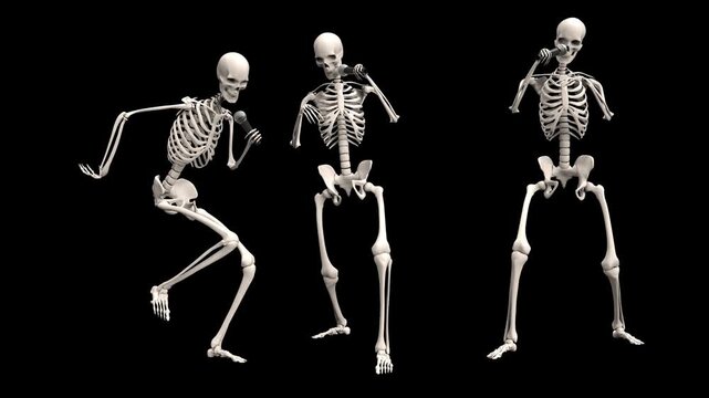 Three singing skeletons performing dynamic dance moves in motion video clip