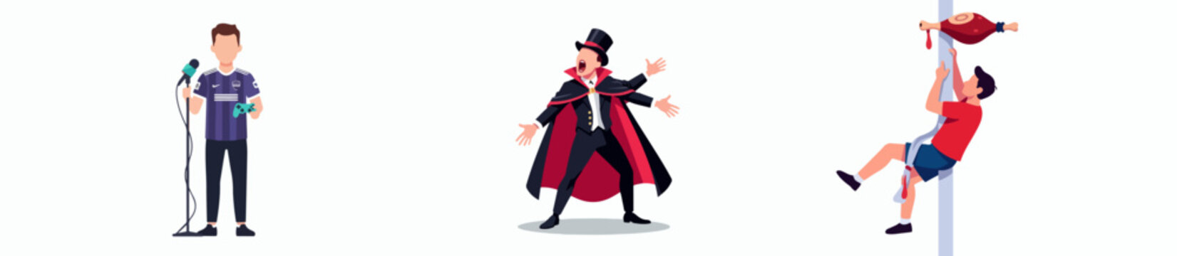 Flat design trio of magician, DJ, and pole dancer performing arts icons