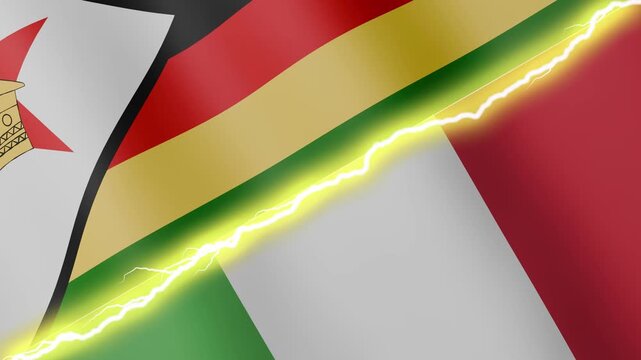 Two waving flags Zimbabwe and Italy with diagonal lightning seamless, 4k loop