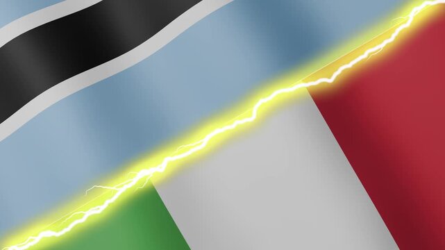Two waving flags Botswana and Italy with diagonal lightning seamless, 4k loop