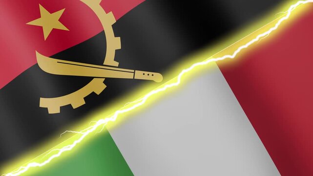 Two waving flags Angola and Italy with diagonal lightning seamless, 4k loop