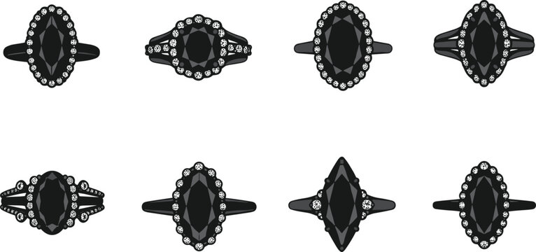 Black gemstone ring silhouettes set, various luxury jewelry designs for fashion and wedding themes, vector illustration