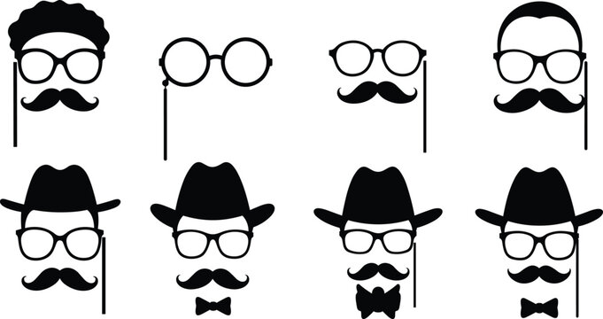 Gentleman face icon set, assorted hats, glasses, monocles, mustaches, and bow ties, black silhouette vintage character designs, vector illustration
