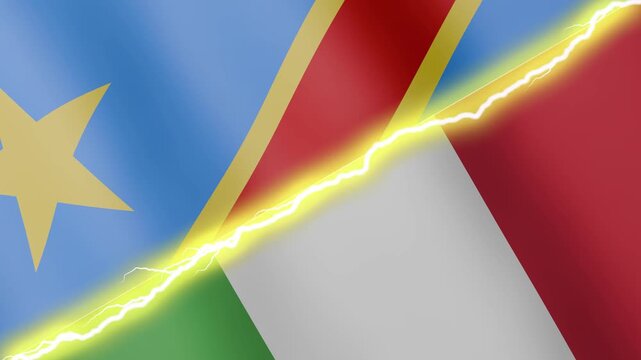 Two waving flags Congo - Kinshasa and Italy with diagonal lightning seamless, 4k loop