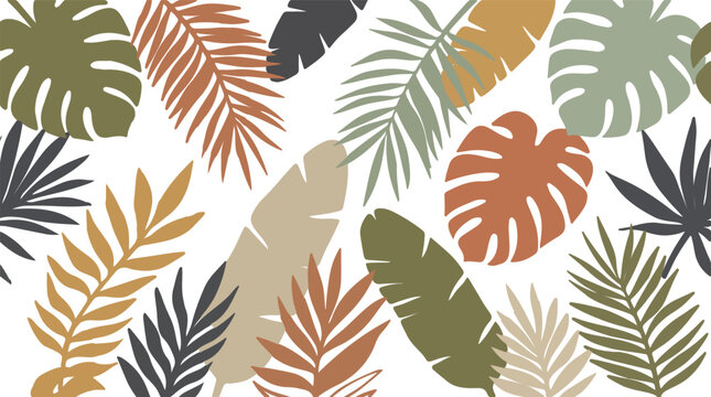 Abstract colorful tropical leaves and palm fronds seamless vector pattern