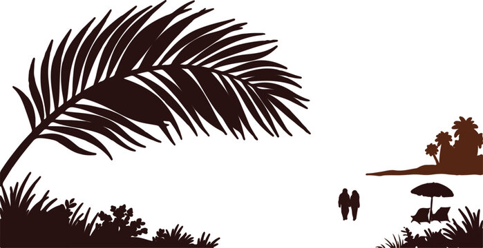 pical beach with palm leaf umbrella sunbeds and couple silhouette
