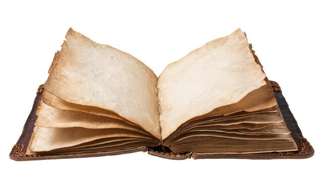 Isolated ancient open book displaying blank textured parchment sheets and ornate leather binding.