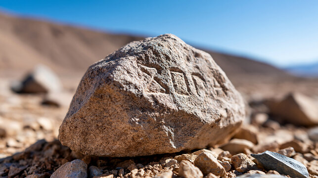 Rock with carved letters in a desert mining site, textured stone and mining heritage concept, defocused, with copy space
