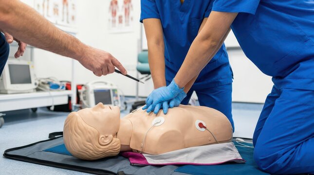 Trainees practicing C P R chest compressions on C P R mannequin training