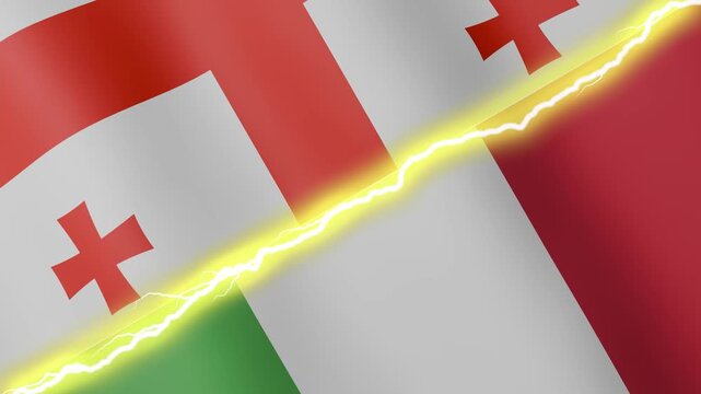 Two waving flags Georgia and Italy with diagonal lightning seamless, 4k loop