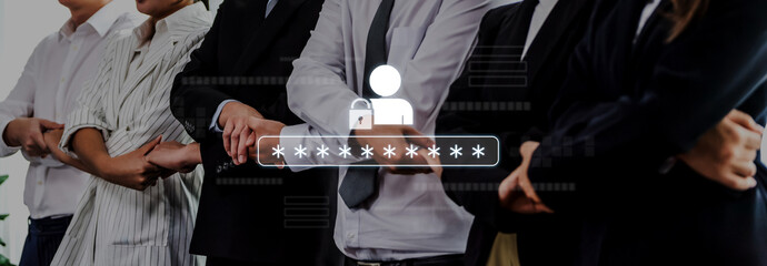 A diverse group of professionals stands united in formal attire, embodying themes of trust and security. The padlock icon symbolizes protection and teamwork in a modern office setting. Trope © InfiniteFlow