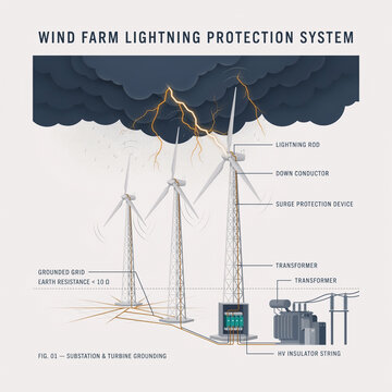Technical engineering diagram showing wind turbines during a lightning storm with grounding networks, surge protection systems, lightning receptors, and labeled power infrastructure.