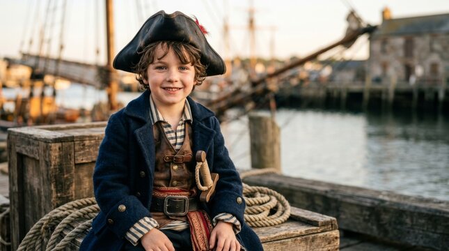 Happy young boy dressed as pirate flexing muscles on a wooden dock with barrels and a ship in the background