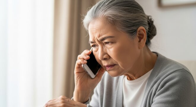 A close-up of an elderly Asian woman talking on her smartphone with a worried expression. Hearing loss, poor phone sound, dementia, and the elderly.