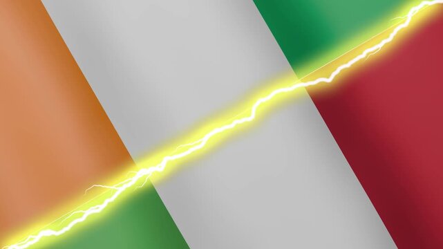 Two waving flags Ivory Coast and Italy with diagonal lightning seamless, 4k loop