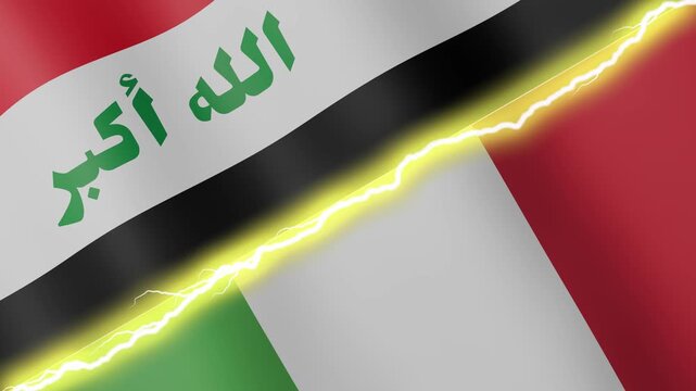 Two waving flags Iraq and Italy with diagonal lightning seamless, 4k loop