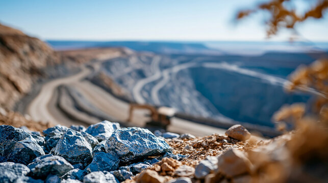 Aerial view of an open pit mine in a desert landscape, industrial copper or gold mining operation with massive excavation and heavy machinery, defocused, with copy space