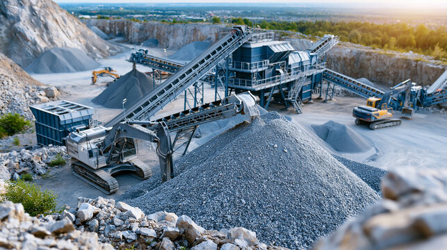 Aerial view of an aggregate processing plant with conveyor systems and industrial machinery operating within a quarry extraction site, defocused, with copy space