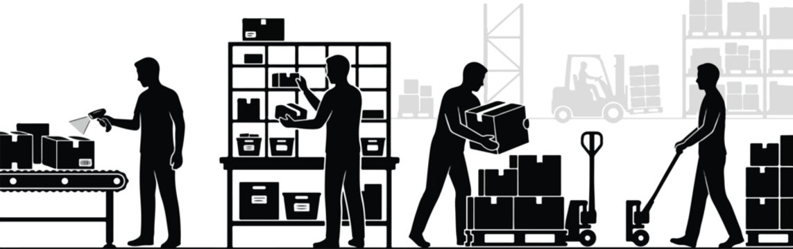 Warehouse logistics management and delivery workers silhouette set