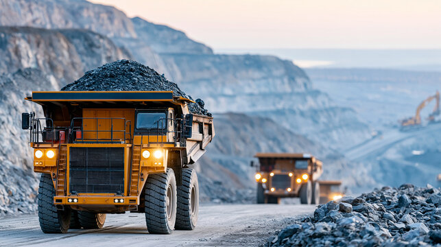 Massive open-pit mine operation with heavy machinery and trucks, large-scale mineral extraction concept, defocused, with copy space