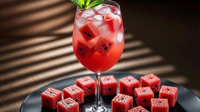 The red drink sparkles with watermelon chunks and ice. The refreshing glass is garnished with green mint. Sunlight filters through the blinds, surrounding the watermelon cubes.