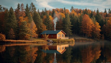 Fototapeta premium Tranquil Lakeside Cabin Reflection in Autumn Forest with Misty Morning Light