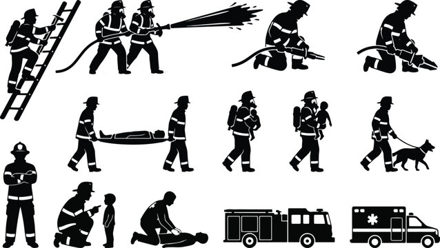 Firefighter rescue and emergency service silhouette set