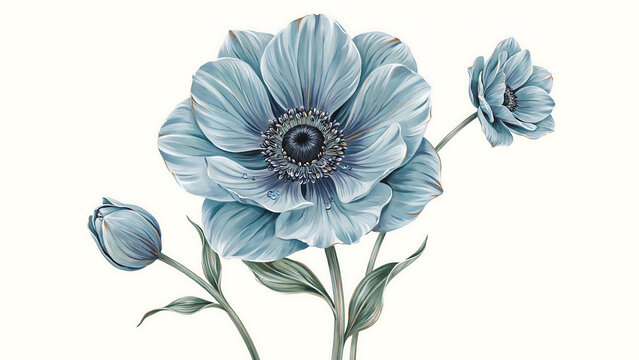 Detailed light blue opium poppy flower isolated on a transparent background, detailed botanical floral, delicate petals