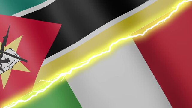 Two waving flags Mozambique and Italy with diagonal lightning seamless, 4k loop