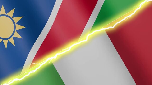 Two waving flags Namibia and Italy with diagonal lightning seamless, 4k loop