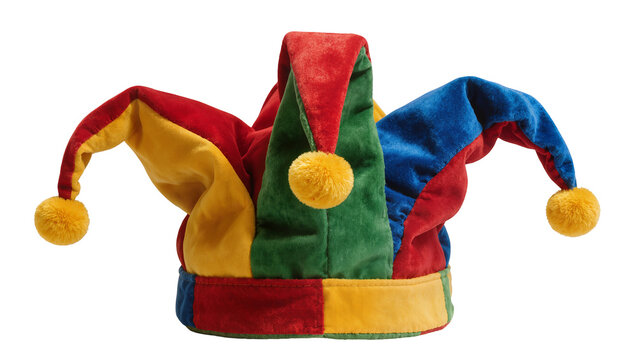 Isolated vibrant multi-colored jester hat with soft pom-poms, fun festive costume accessory