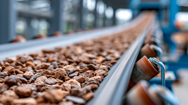 Industrial conveyor belt transporting mined ore at a processing facility, mineral extraction and bulk handling concept, defocused, with copy space