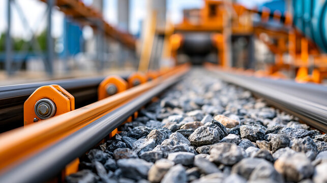 Industrial conveyor belt transporting mined ore at a processing facility, mineral extraction and bulk handling concept, defocused, with copy space