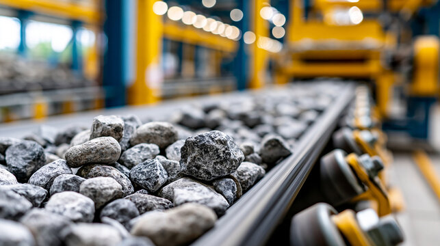 Large angular stones and ore fragments moving on an industrial conveyor belt inside a processing facility, automated mineral transport concept, defocused, with copy space