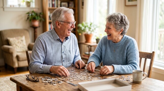 Happy senior couple laughing while doing a jigsaw puzzle together at home