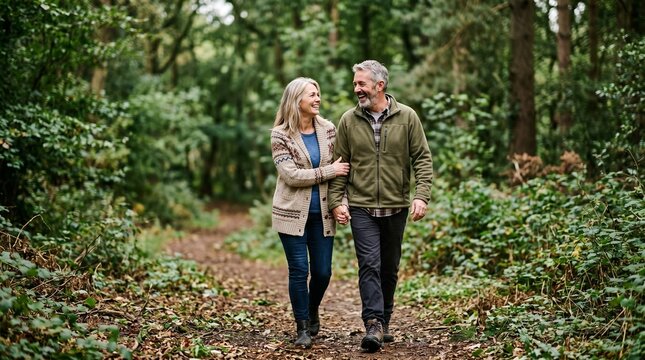 Happy middle aged couple holding hands walking on a forest path
