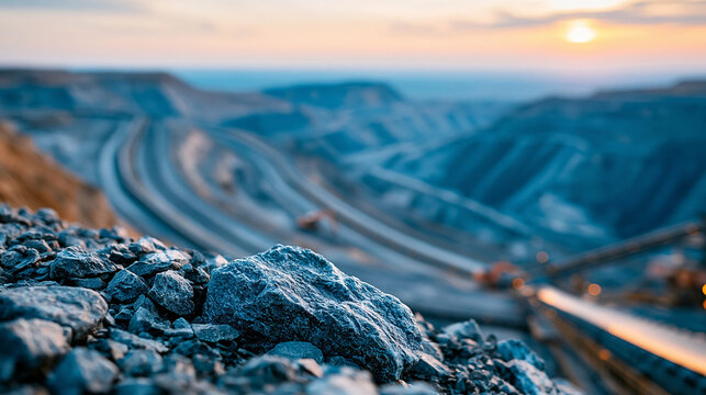 Aerial view of open pit mine with conveyor belts, large-scale mining operation and infrastructure concept, defocused, with copy space
