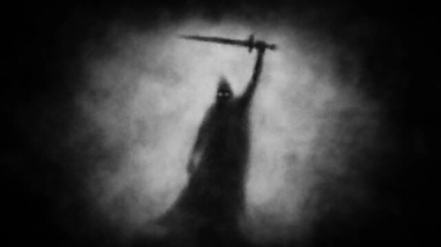 Scary knight ghost with sword in smoke. Gloomy ancient warrior silhouette. Horror fantasy genre. Dark spirit cave. Animated video clip. Creepy short film for spooky Halloween and  Vj loops.