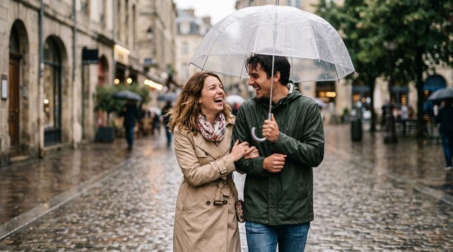 Couple laughing under umbrella walking on wet cobblestone street in rain