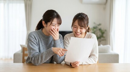 Fototapeta premium Two young women laughing heartily while looking at a document together indoors