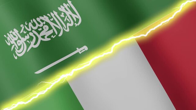 Two waving flags Saudi Arabia and Italy with diagonal lightning seamless, 4k loop