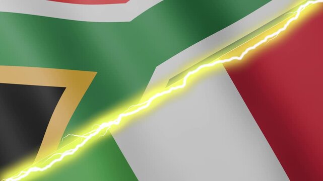 Two waving flags South Africa and Italy with diagonal lightning seamless, 4k loop