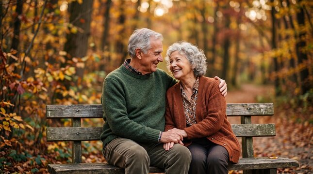Elderly couple enjoying autumn park bench romance with warm smiles and loving embrace