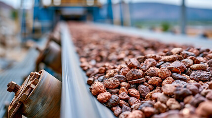Naklejka premium Close-up view of copper ore on a conveyor belt at a mining site, non-ferrous mineral extraction concept, defocused, with copy space